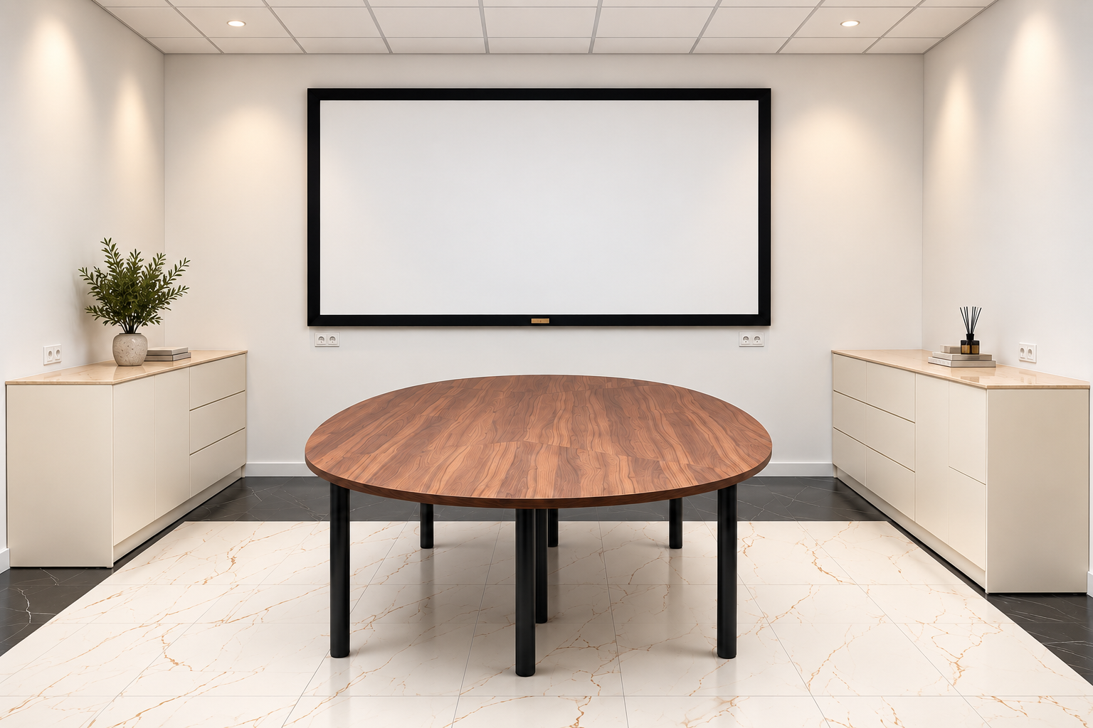 Sala konferencyjna z dużym stołem i symetrycznymi zabudowami meblowymi