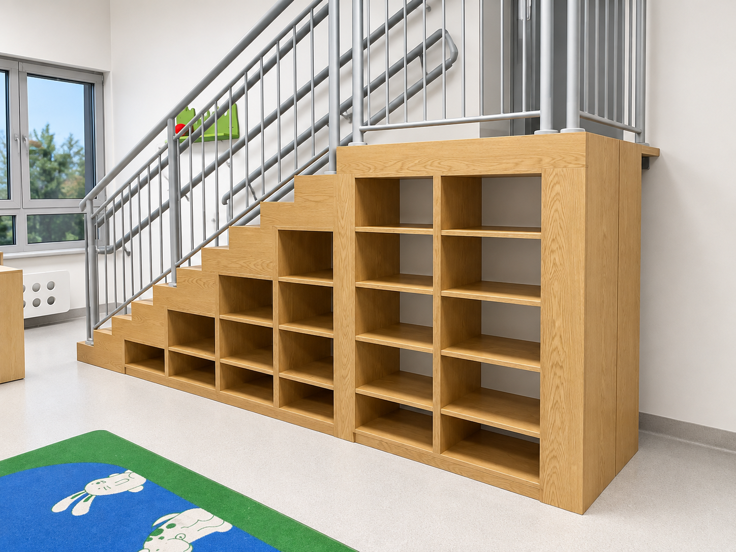 Drewniana zabudowa schodów z otwartymi półkami i schowkami pod schodami